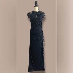 B&A By BETSY & ADAM Navy Blue Size 14 Ruched/Ruffle Maxi Dress LACE CAP SLEEVES